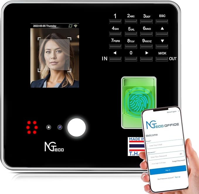 NGTeco Cloud Time Clock, Upgraded TC1 Remote Control 2.4GHz WiFi Time Card Machine for Small Business
