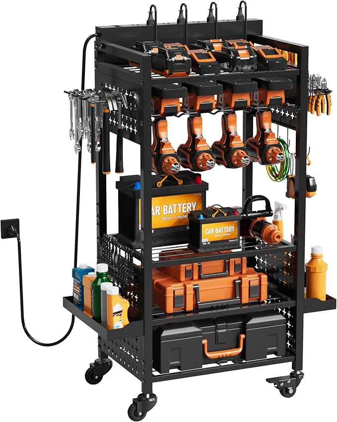 Power Tool Organizer Cart with Charging Station, Black Floor Standing Utility Storage Cart