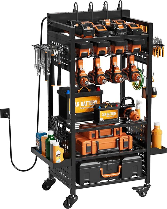 Power Tool Organizer Cart with Charging Station, Black Floor Standing Utility Storage Cart