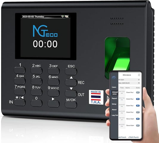 NGTeco APP-Based Time Clock, 2.4GHz WiFi Fingerprint Time Clocks for Employees Small Business